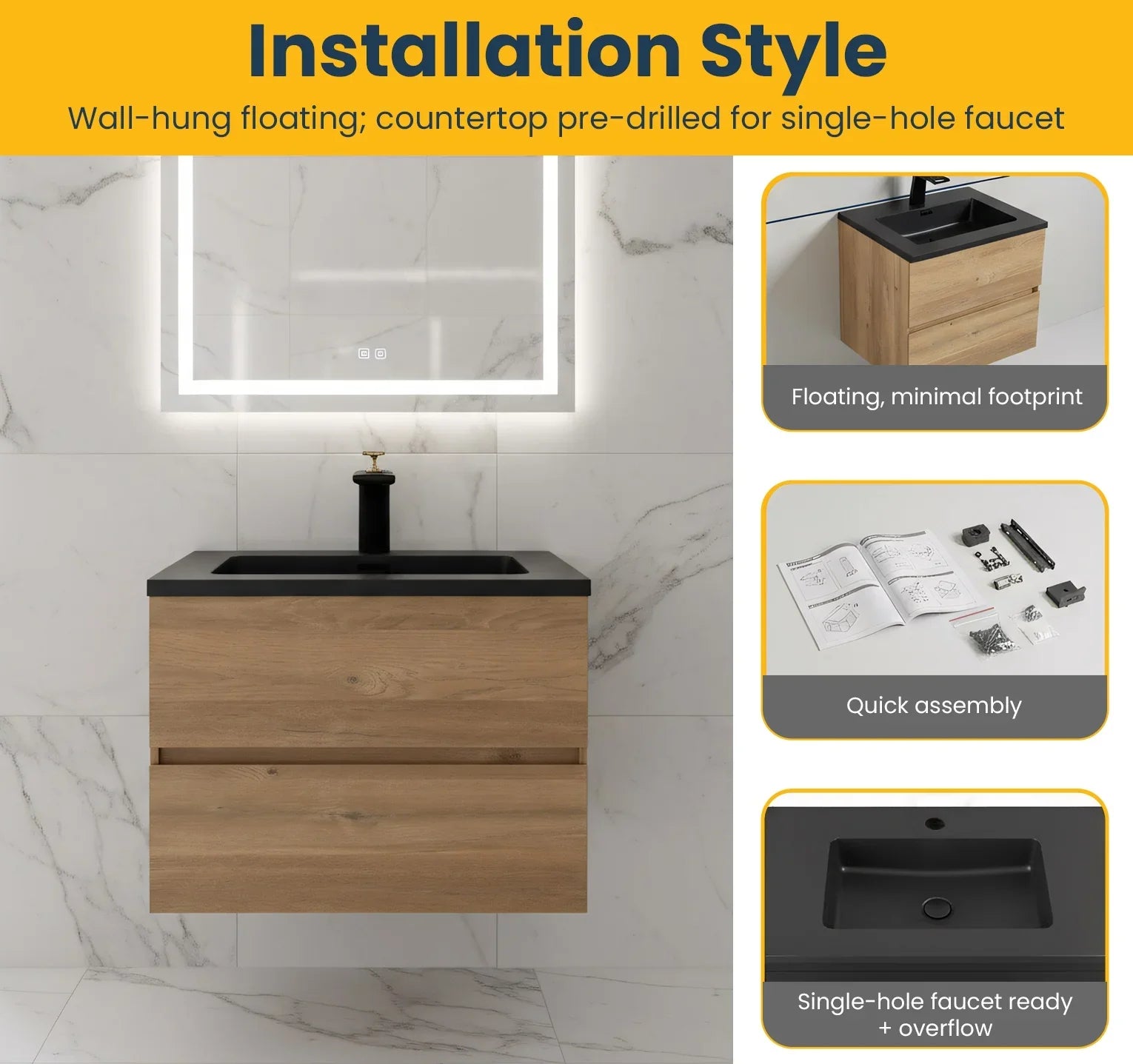 Meuble-Lavabo Mural 24po Chêne Brut avec Comptoir de Quartz d'ingénierie Noir