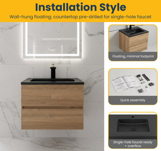 Meuble-Lavabo Mural 24po Chêne Brut avec Comptoir de Quartz d'ingénierie Noir