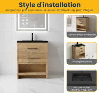 Meuble-lavabo autoportant en chêne brut de 30" avec Comptoir en quartz noir reconstitué
