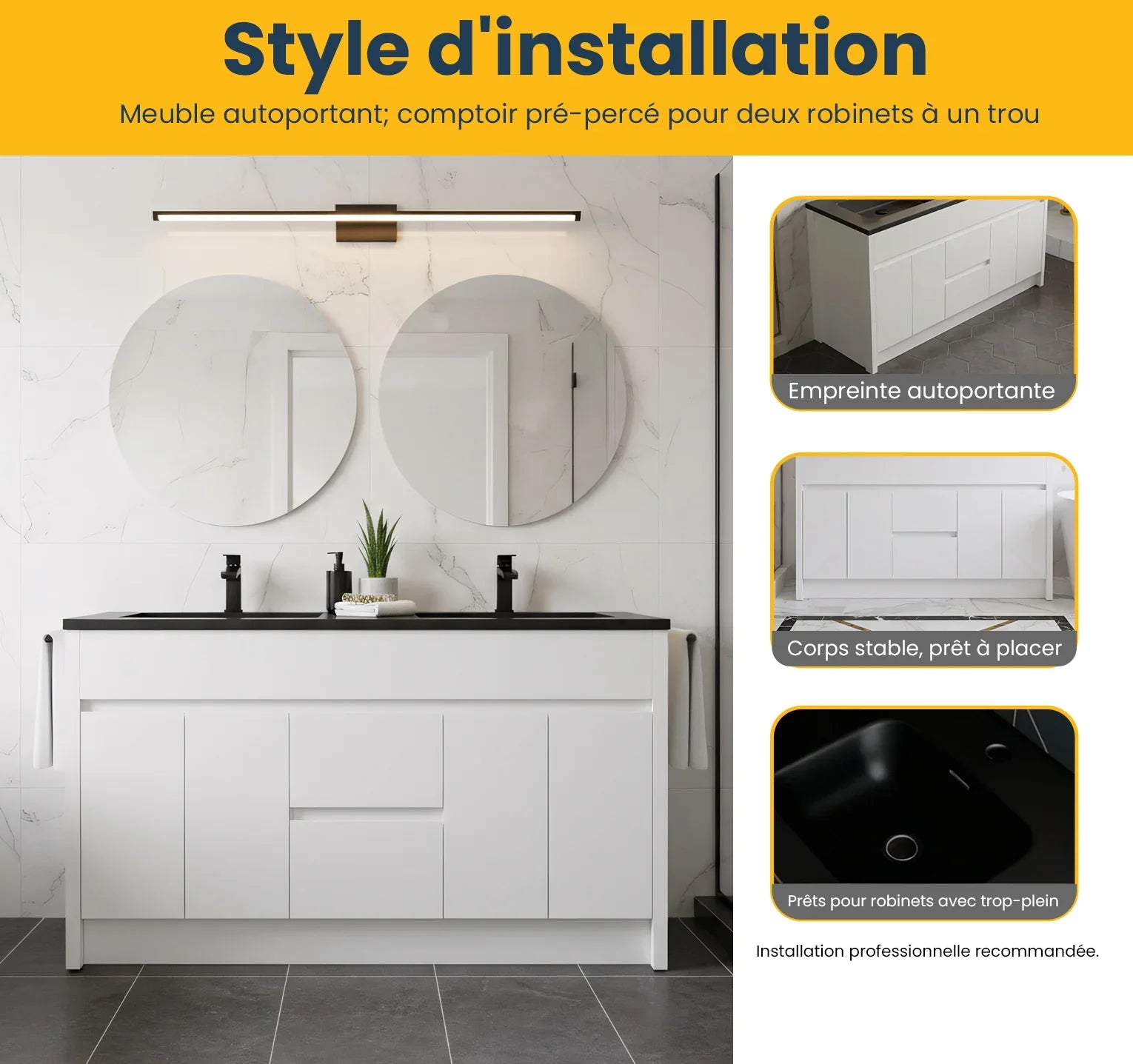 60" Matte White Freestanding Double Sink Bathroom Vanity with Black Engineered Quartz Countertop