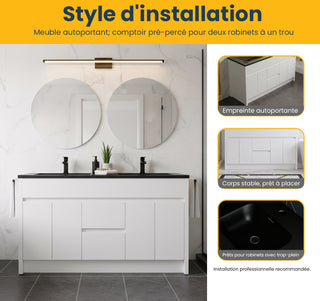 60" Matte White Freestanding Double Sink Bathroom Vanity with Black Engineered Quartz Countertop