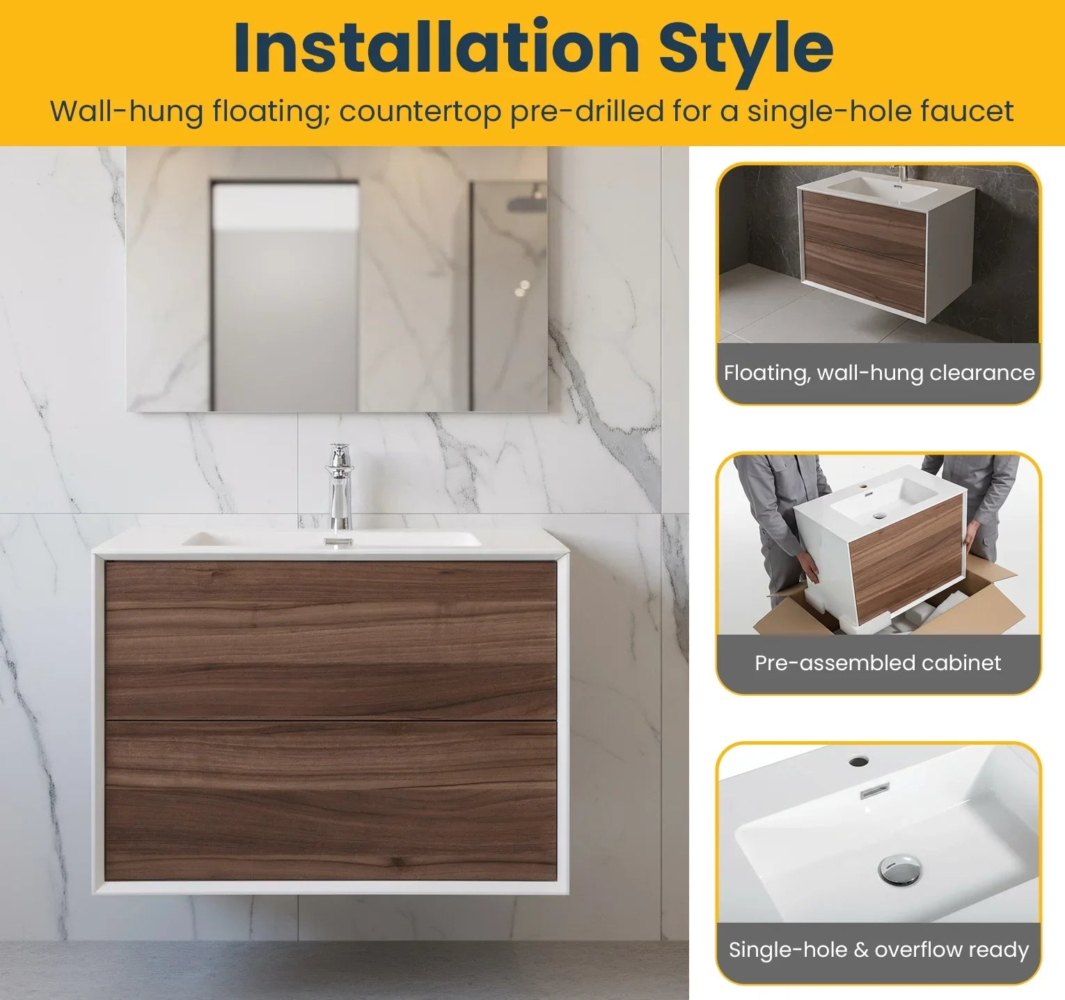 Meuble-lavabo mural en noyer 30" avec Comptoir en polymarbre blanc