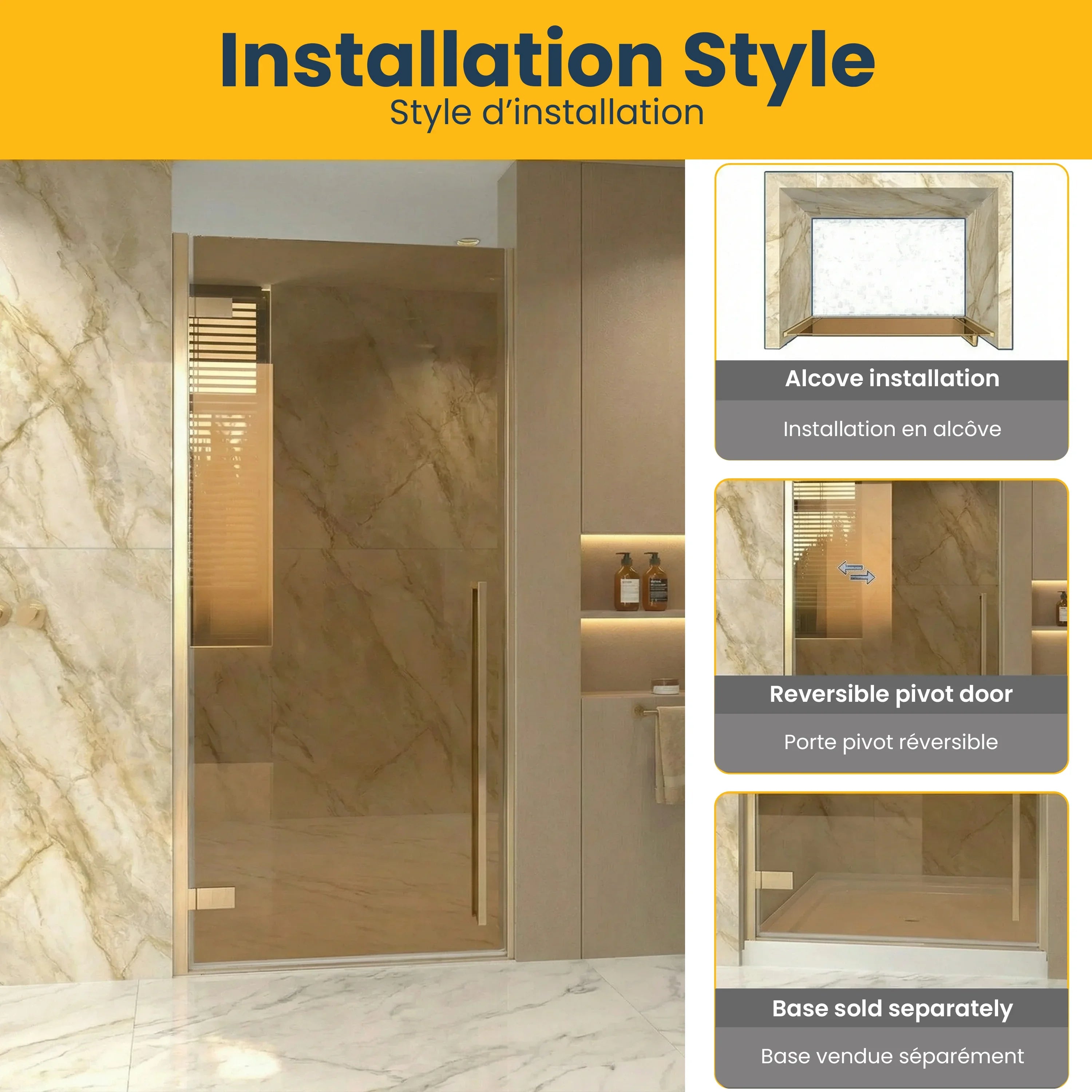 Porte de Douche Pivotante Réversible 36po x 79po Or Brossé avec Verre Teinté Brun