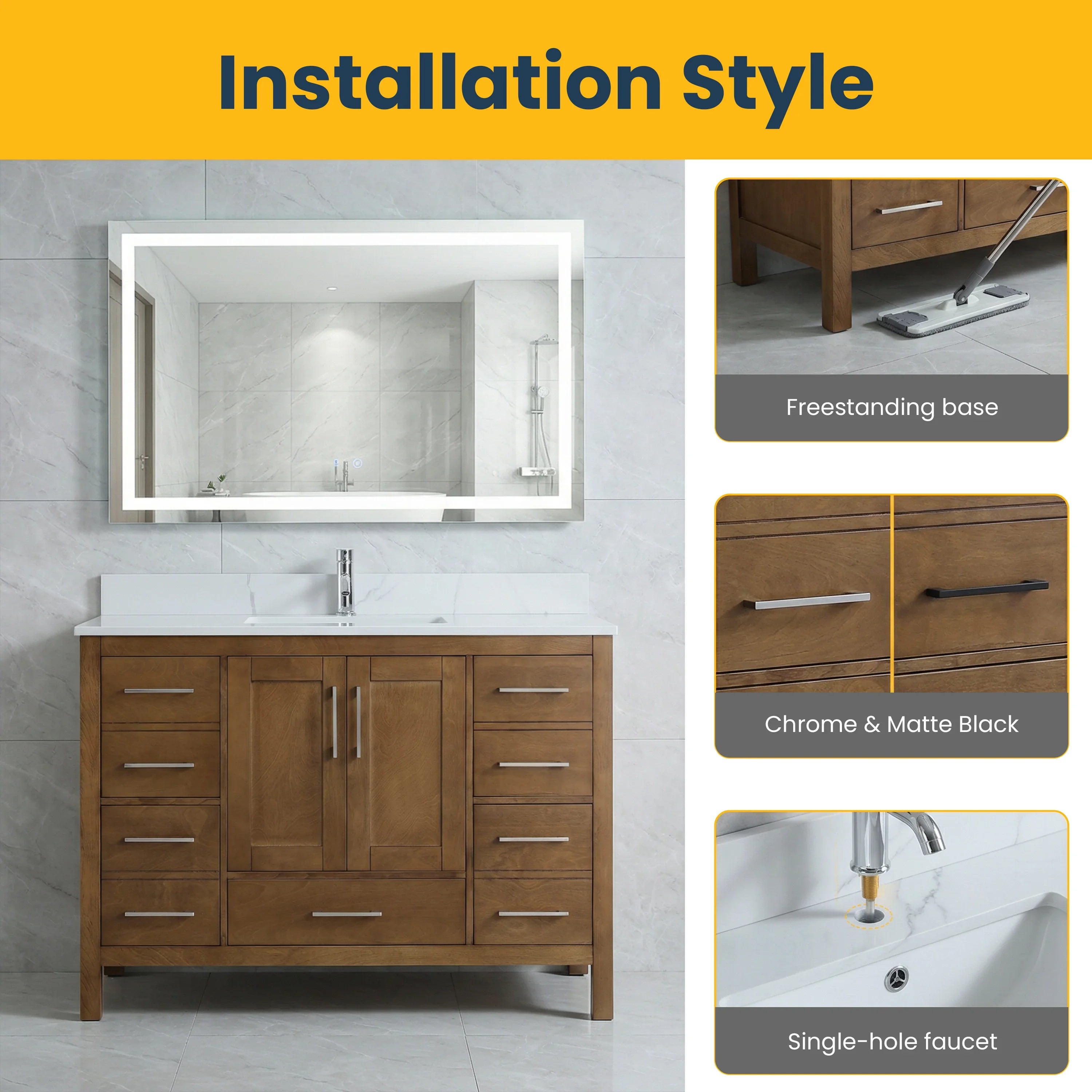 48" Walnut Freestanding Bathroom Vanity with Engineered Calcutta Marble Countertop