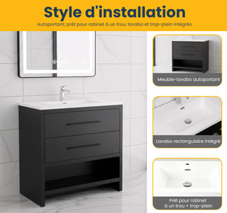 36" Black Rough Oak Freestanding Bathroom Vanity with White Polymarble Countertop