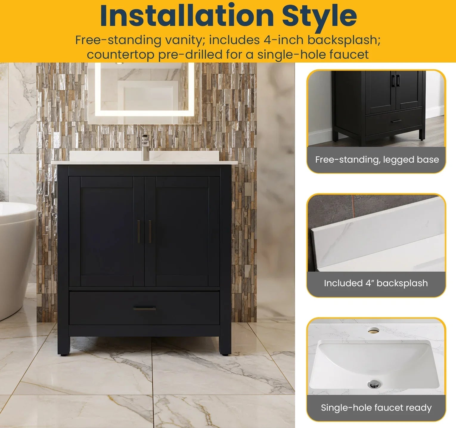 Meuble-lavabo autoportant noir 30" avec Comptoir en marbre Calcutta reconstitué