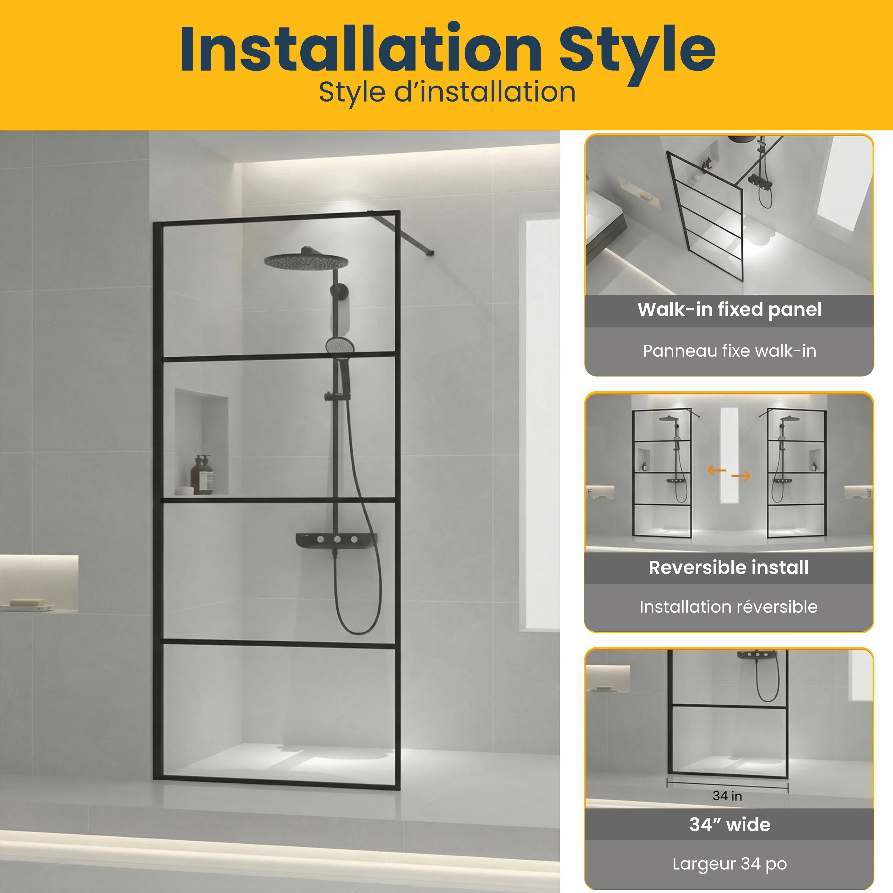 34" x 79" Fixed Reversible Walk-In Shower Panel in Matte Black with Clear Glass