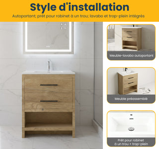 24" Rough Oak Freestanding Bathroom Vanity with White Polymarble Countertop