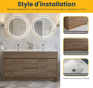 60" Rough Oak Freestanding Double Sink Bathroom Vanity with White Polymarble Countertop