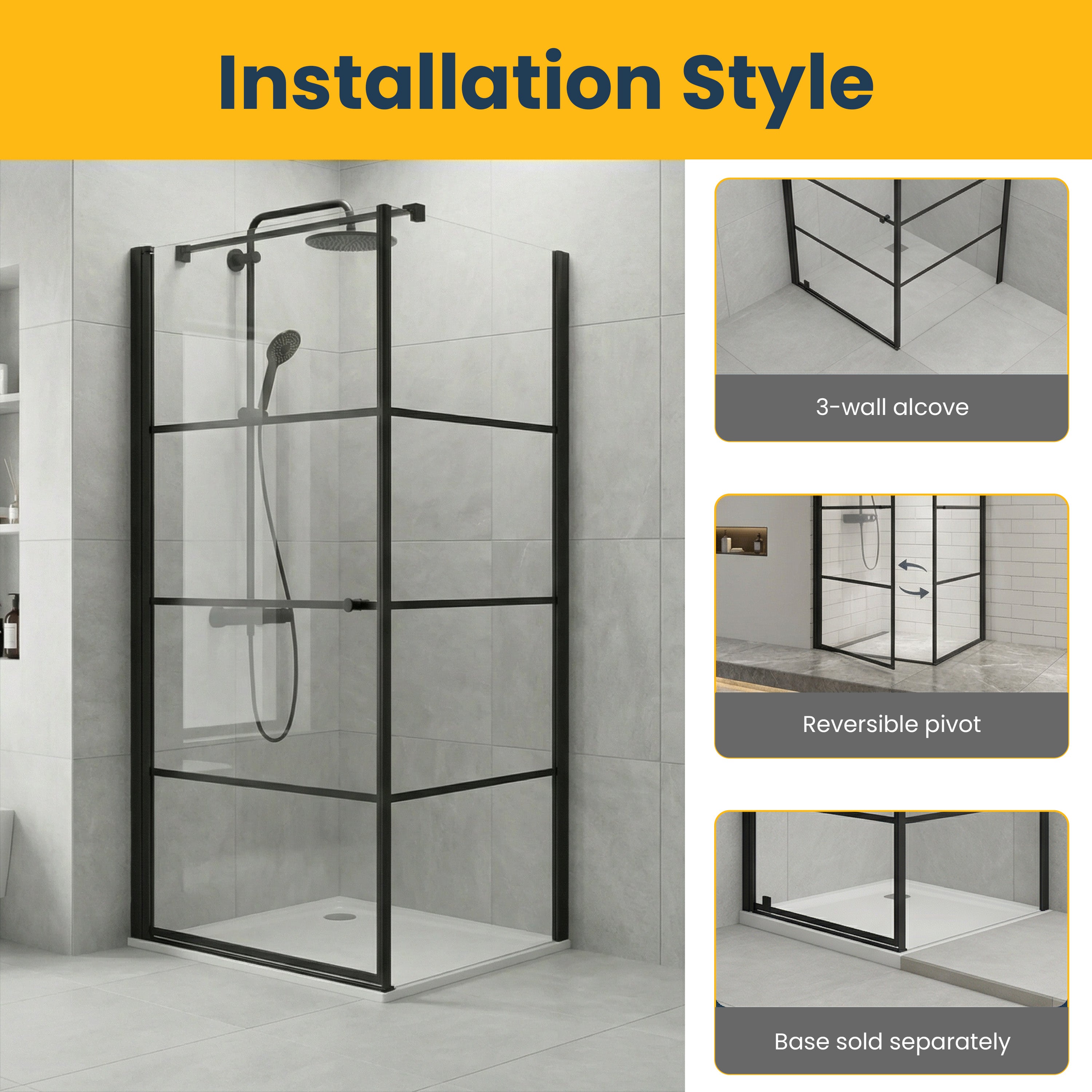 Cabine de Douche Coin 36po x 36po Noir Mat avec Porte Pivotante