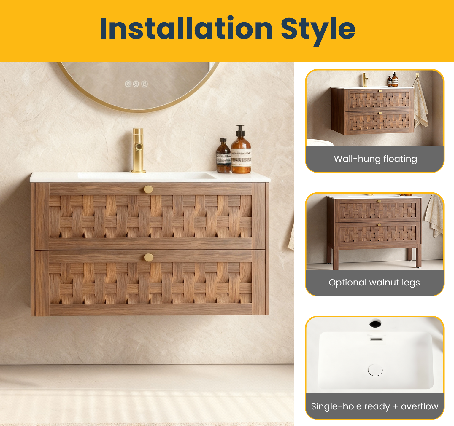 36" Walnut Wall-Mount Single Sink Bathroom Vanity with Matte White Solid Surface Countertop