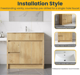 Meuble-Lavabo Autoportant 36 Chêne Givré avec Comptoir en Céramique