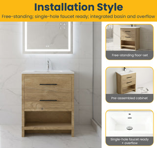 24" Rough Oak Freestanding Bathroom Vanity with White Polymarble Countertop