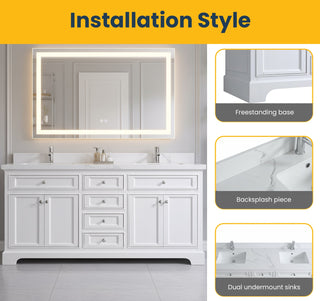 72" White Freestanding Double Sink Bathroom Vanity with Engineered Calcutta Marble Countertop