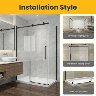 Ensemble de douche 48" x 36" x 75" - Style carré avec quincaillerie noire mate - Installation sur 2 murs sans base