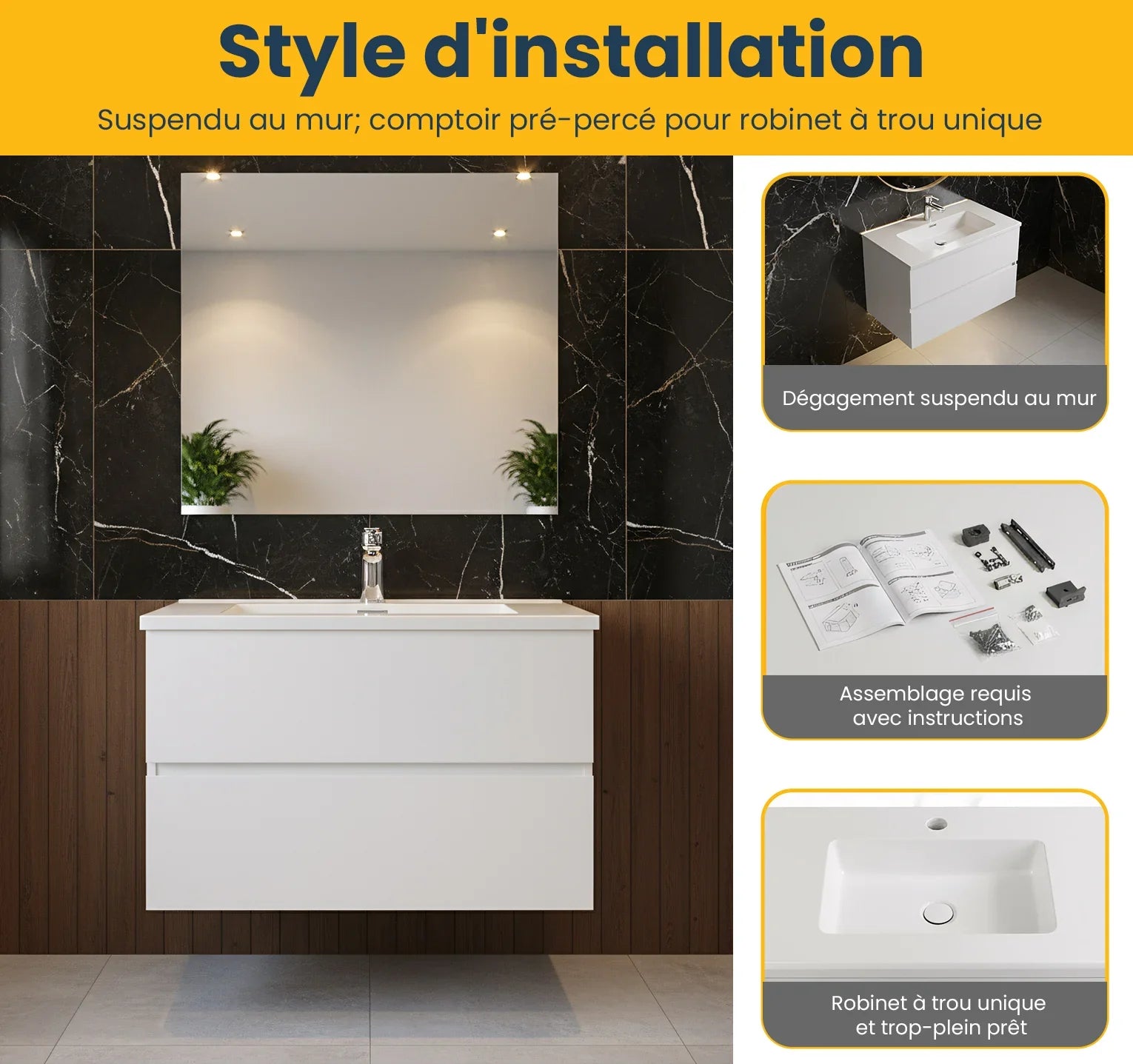 30" White Wall Mount Bathroom Vanity with White Polymarble Countertop