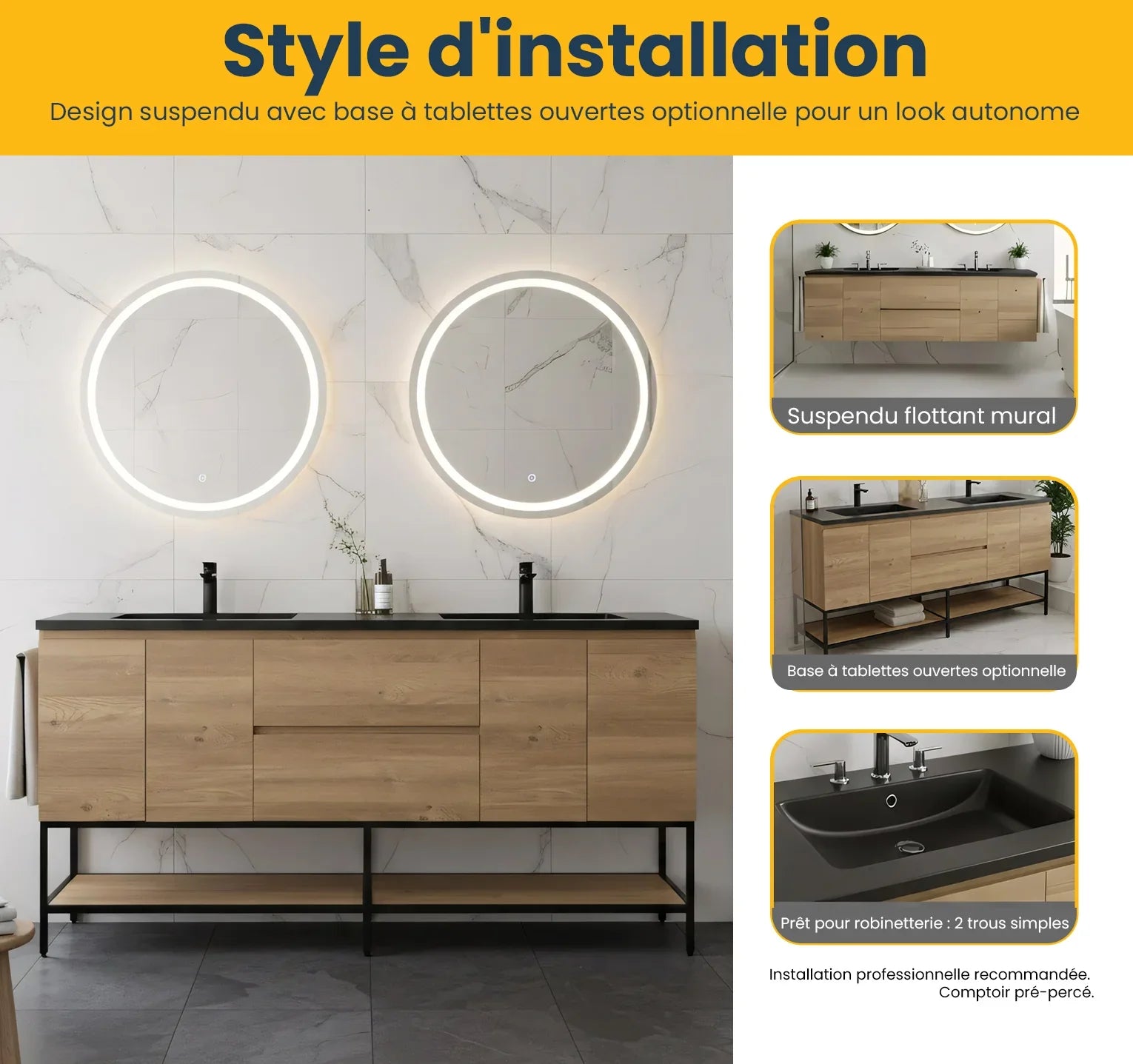 Meuble-Lavabo 72po Chêne Brut avec Comptoir de 72 Quartz Noir Lavabo Double