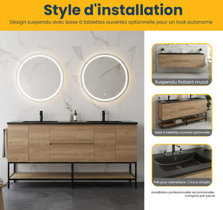 Meuble-Lavabo 72po Chêne Brut avec Comptoir de 72 Quartz Noir Lavabo Double