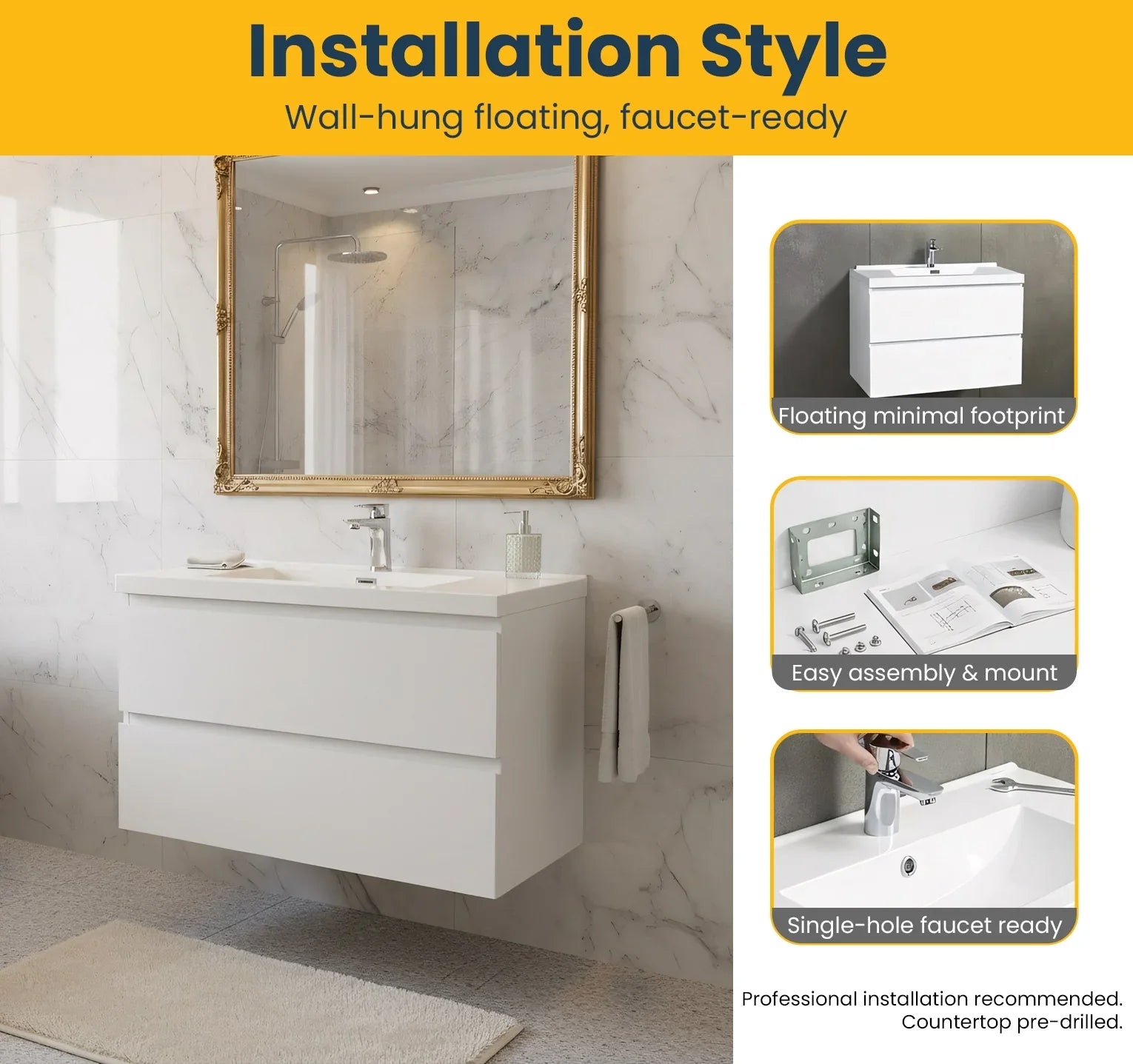 Meuble-Lavabo Mural 30po Blanc Brillant avec Comptoir de Polymarbre Blanc 