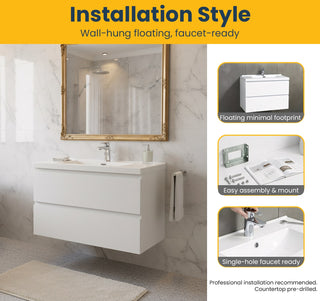 Meuble-Lavabo Mural 30po Blanc Brillant avec Comptoir de Polymarbre Blanc 