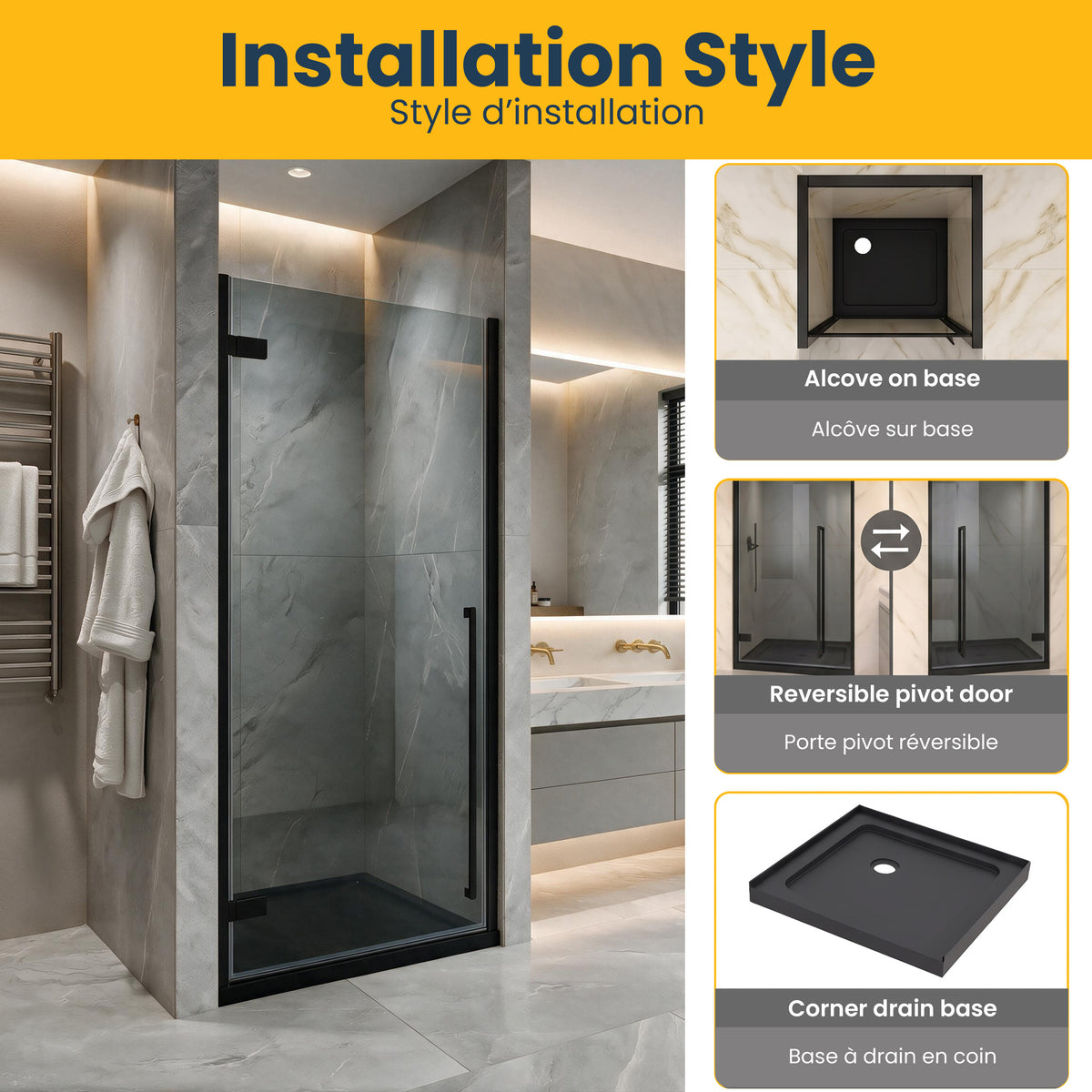 33.9"–34.3" W (Adjustable Width) x 79" H Frameless Reversible Pivot Shower Door in Matte Black with Black Tinted Glass & 36" Black Acrylic Base