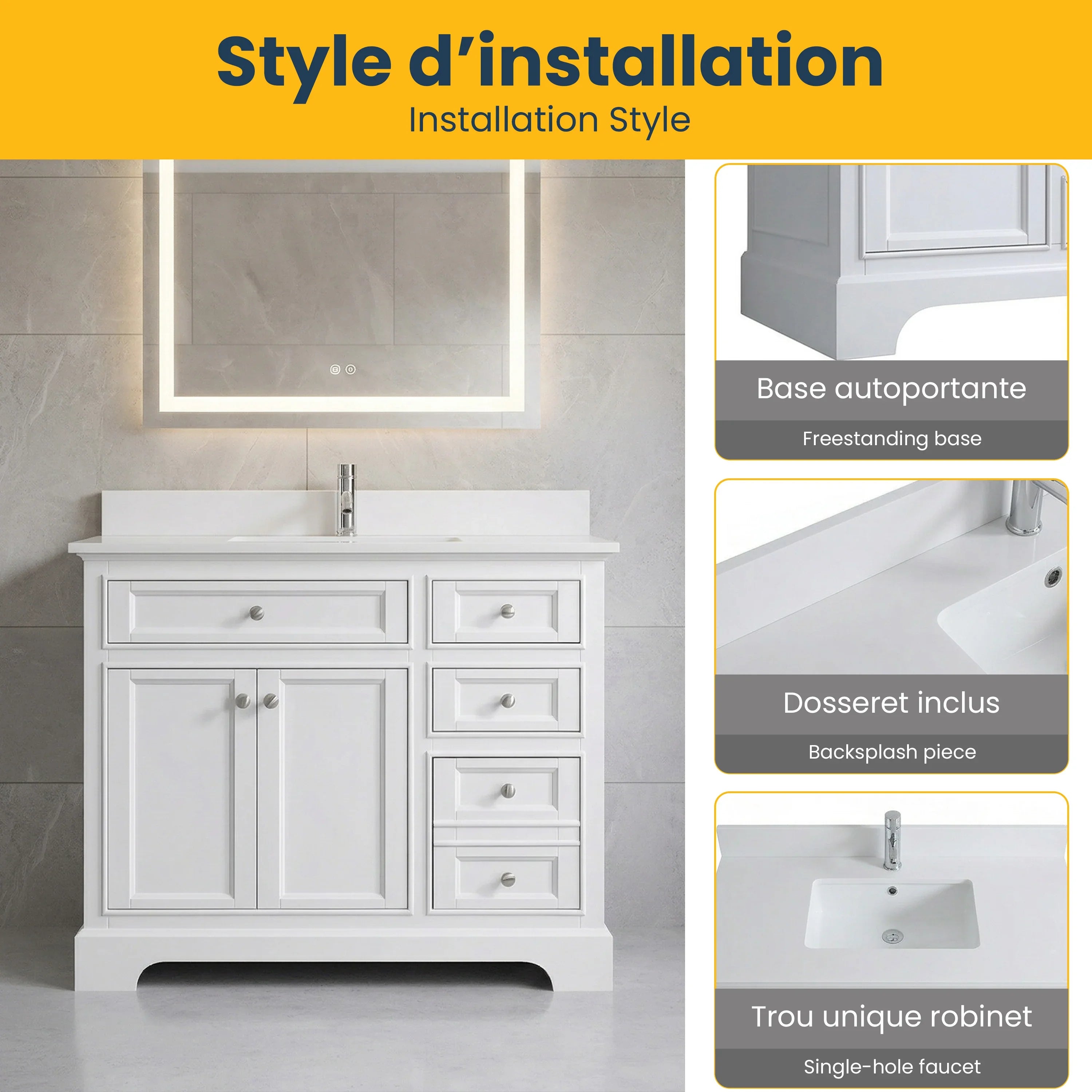 42" White Freestanding Single Sink Bathroom Vanity with Engineered White Marble Countertop
