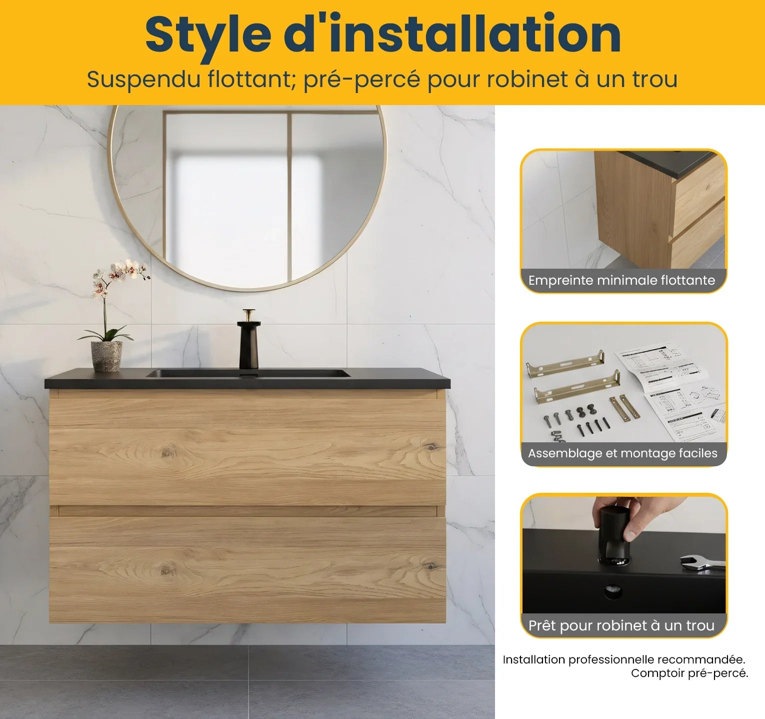 Meuble-Lavabo Mural 36po Chêne Brut avec Comptoir de Quartz d'ingénierie Noir