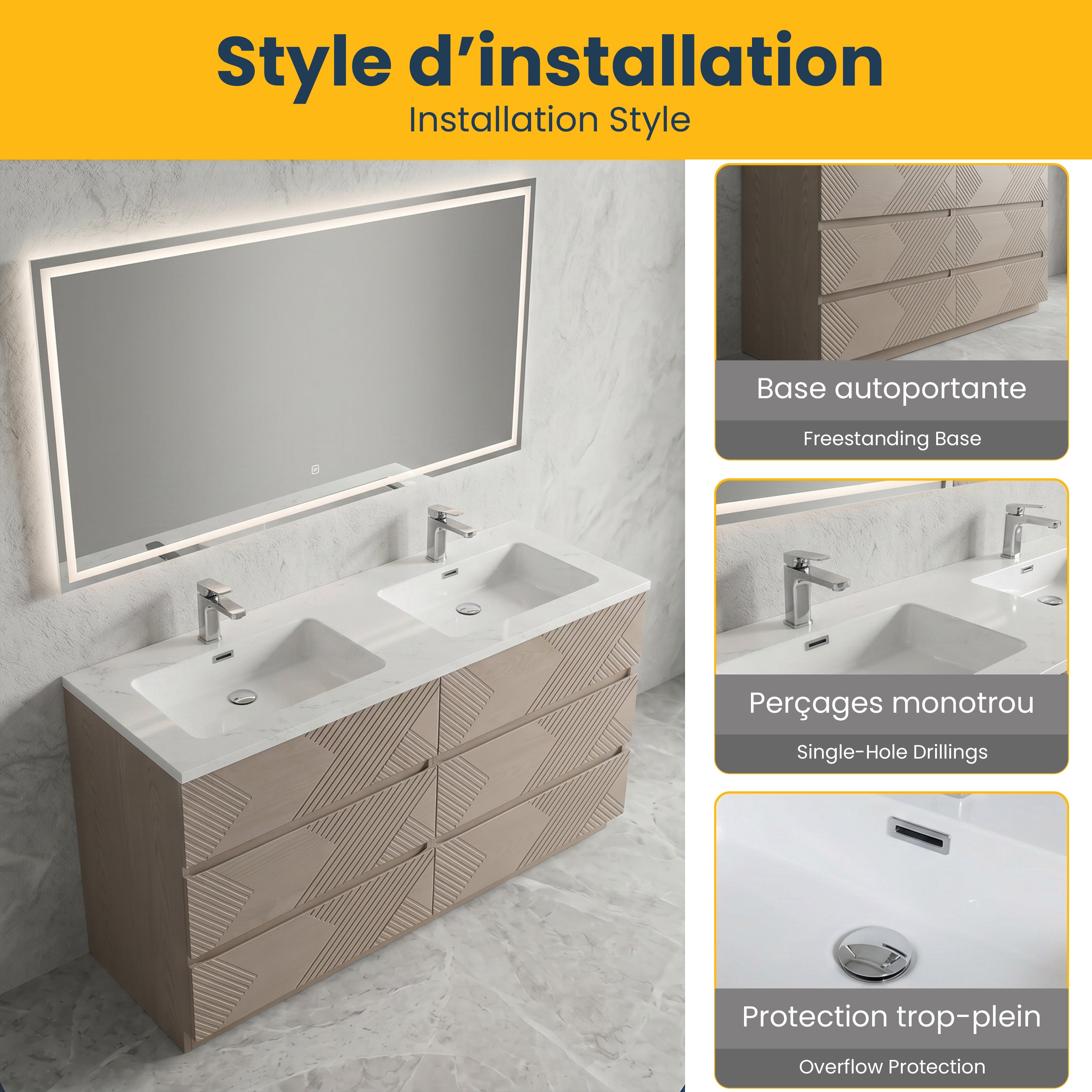 60" Taupe Oak Freestanding Double Sink Vanity with White Polymarble Countertop