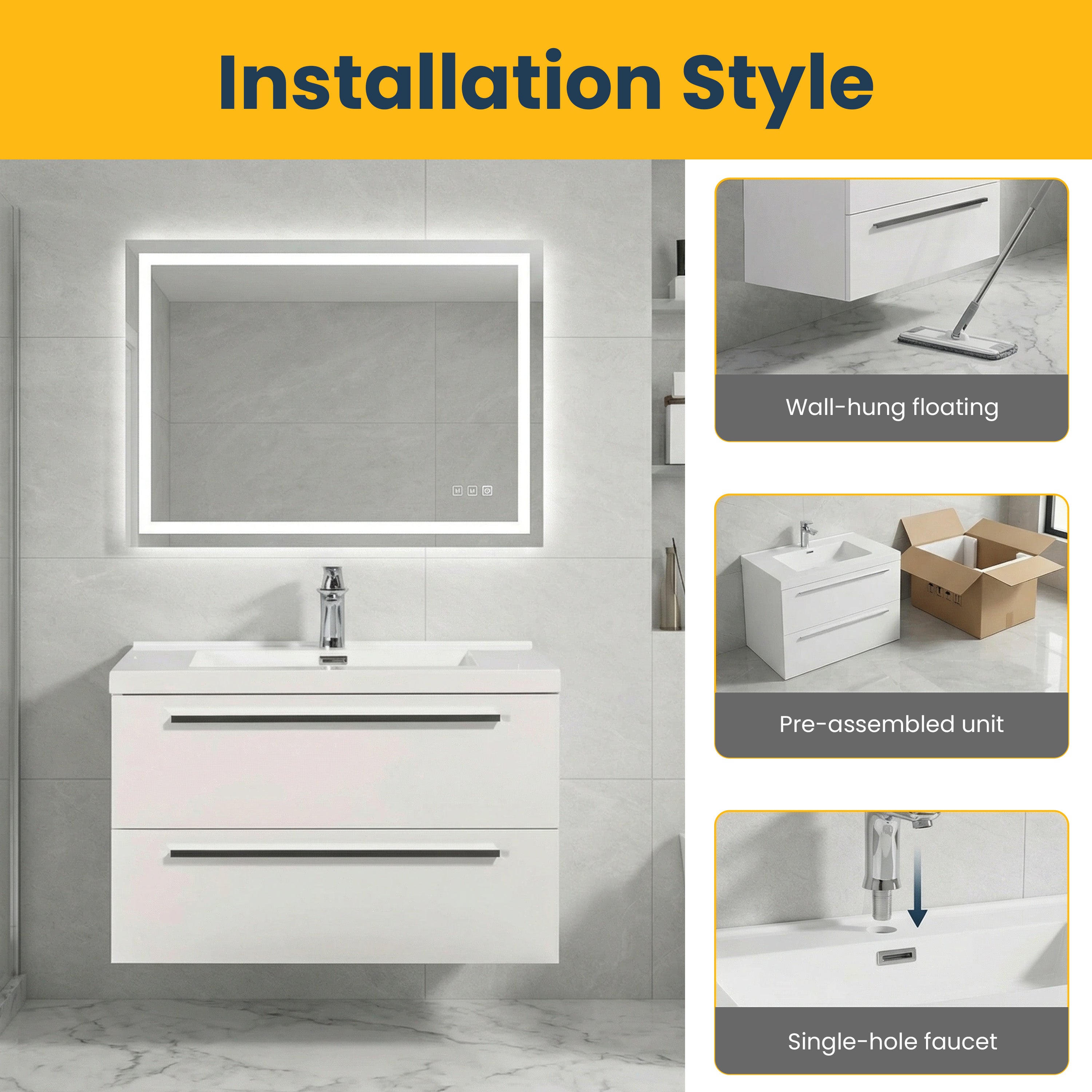 Meuble-Lavabo Mural 30po Blanc avec Comptoir de Polymarbre Blanc