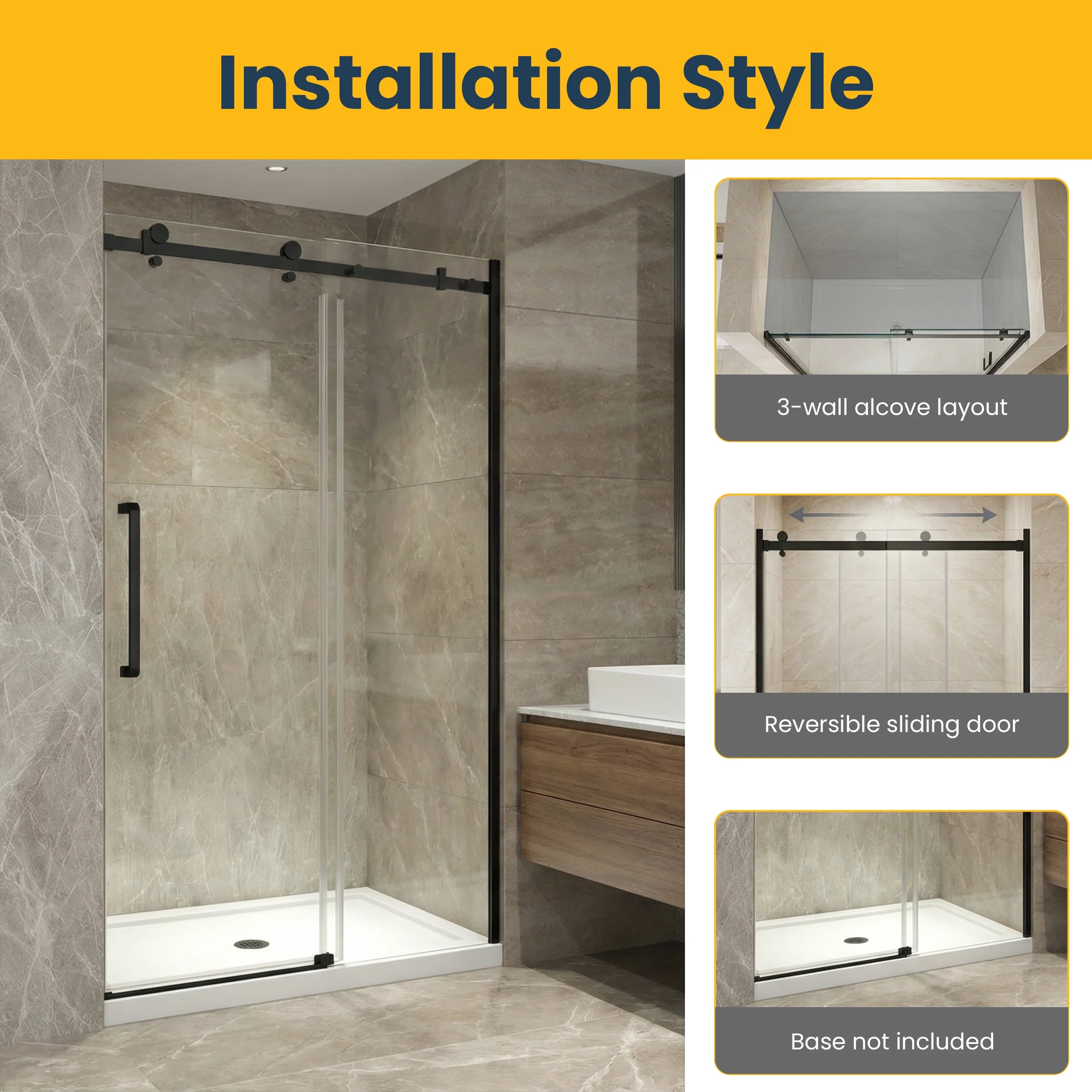 48" x 75" Alcove Reversible Sliding Shower Door with Square Black Hardware