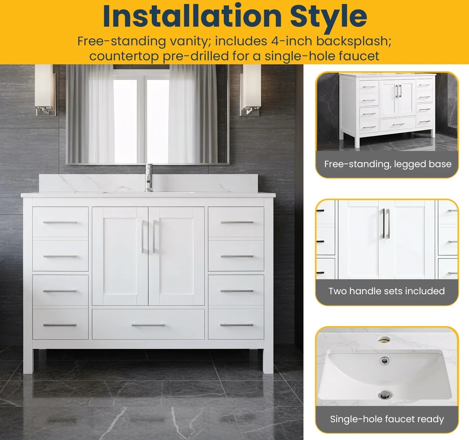 48" White Freestanding Bathroom Vanity with Engineered Calcutta Marble Countertop