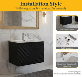 Meuble-lavabo mural noir 24" avec Comptoir en polymarbre blanc