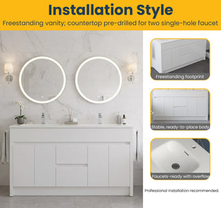 60" Matte White Freestanding Double Sink Bathroom Vanity with White Polymarble Countertop