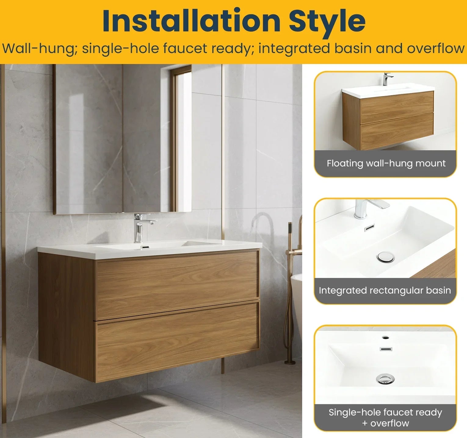 36" Honey Gold Walnut Wall Mount Bathroom Vanity with White Polymarble Countertop