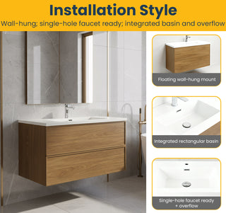 Meuble-Lavabo Mural 36po Noyer Miel Doré avec Comptoir de Polymarbre Blanc