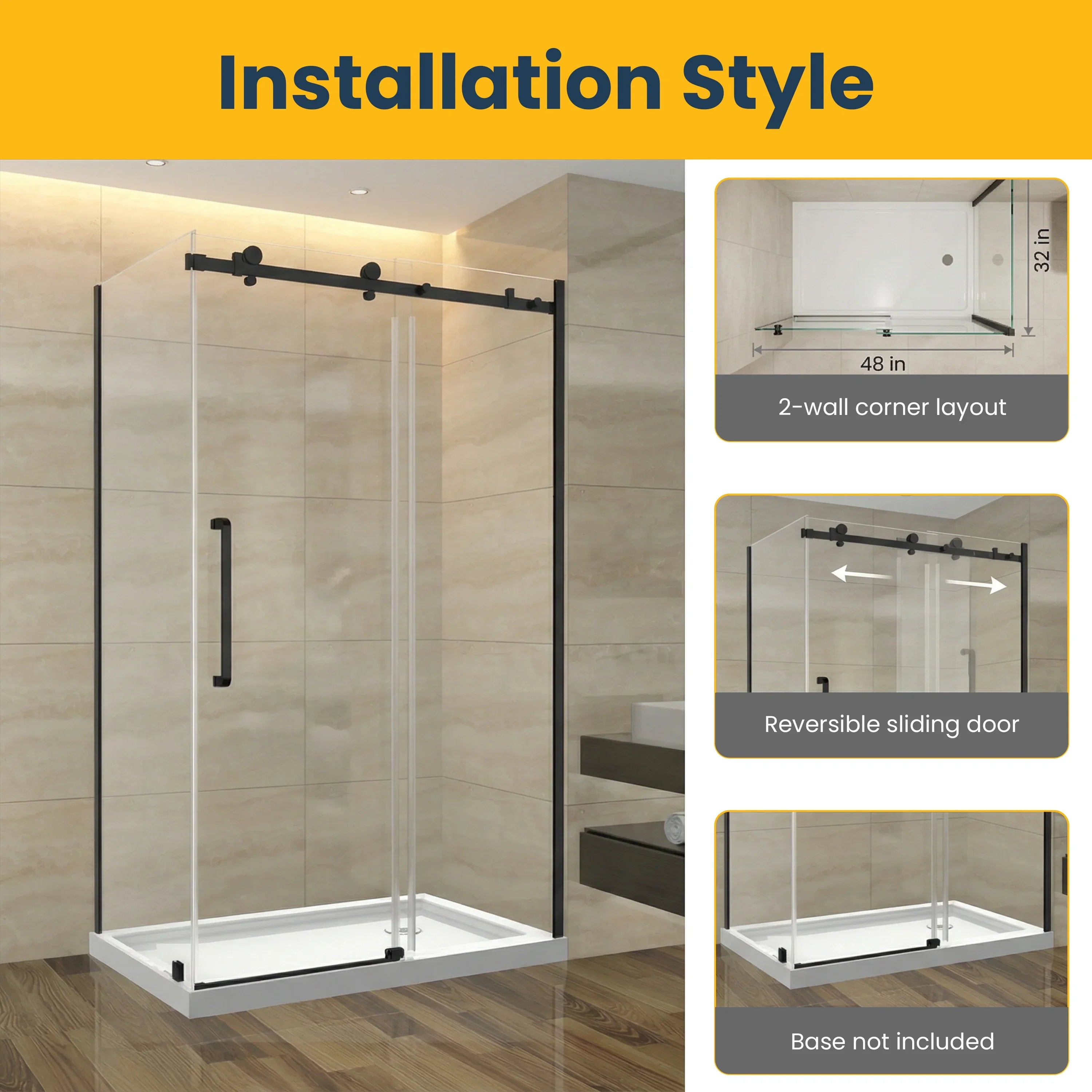 48" x 75" Reversible Sliding Shower Door with Black Square Hardware and 32" Side Panel