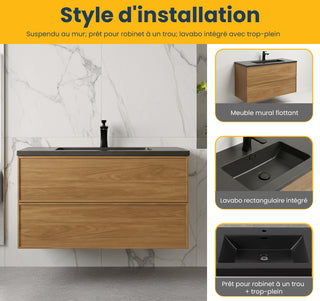 Meuble-Lavabo Mural 36po Noyer Miel Doré avec Comptoir de Quartz d'ingénierie Noir