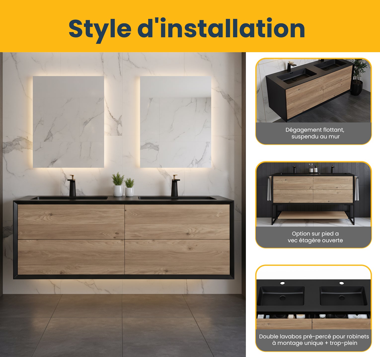 60" Black & Rough Oak Wall Mount Double Sink Bathroom Vanity with Black Engineered Quartz Countertop