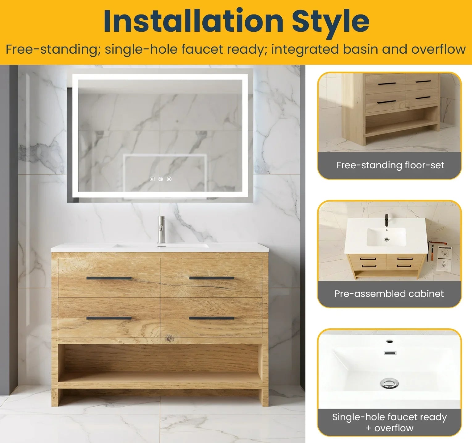 48" Rough Oak Freestanding Bathroom Vanity with White Polymarble Countertop