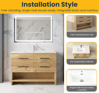 Meuble-lavabo autoportant en chêne brut de 48" avec Comptoir en polymarbre blanc