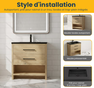 Meuble-lavabo autoportant en chêne brut 36" avec Comptoir en quartz noir reconstitué