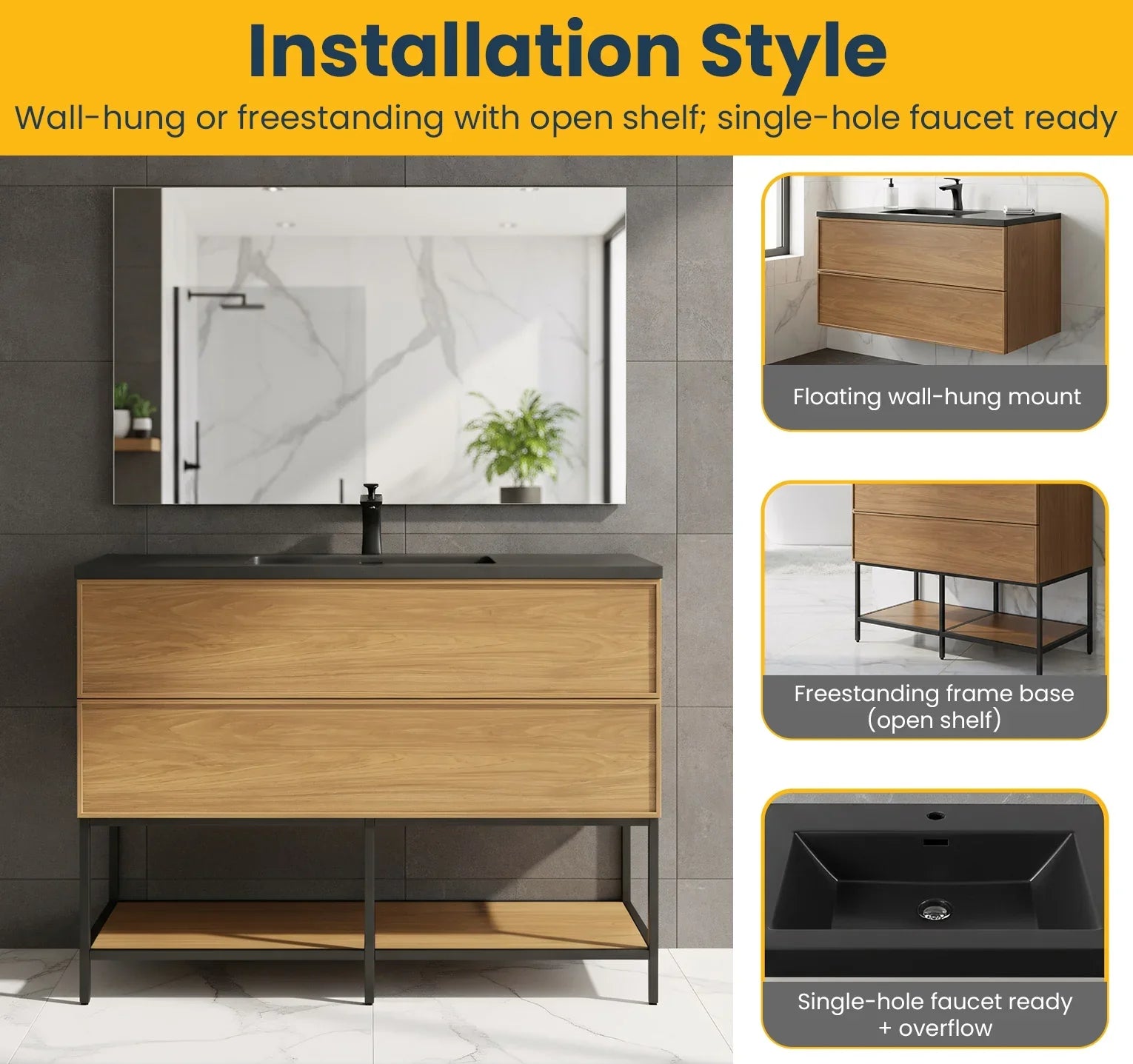 48 Inch Honey Gold Walnut Wall Mounted Bathroom Vanity with Black Engineered Quartz Countertop