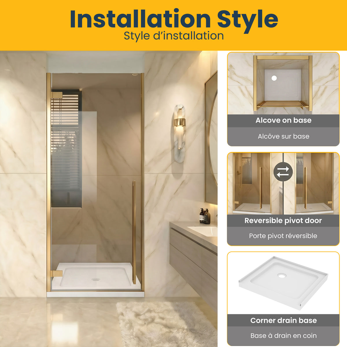 29,9po–30,3po L (largeur ajustable) x 79po H Porte de douche pivotante réversible sans cadre en or brossé avec verre teinté brun et base blanche 32po
