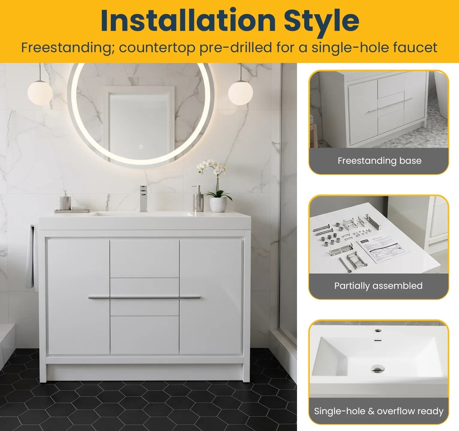 Meuble-Lavabo Autoportant 42po Blanc Brillant avec Comptoir de Polymarbre Blanc 