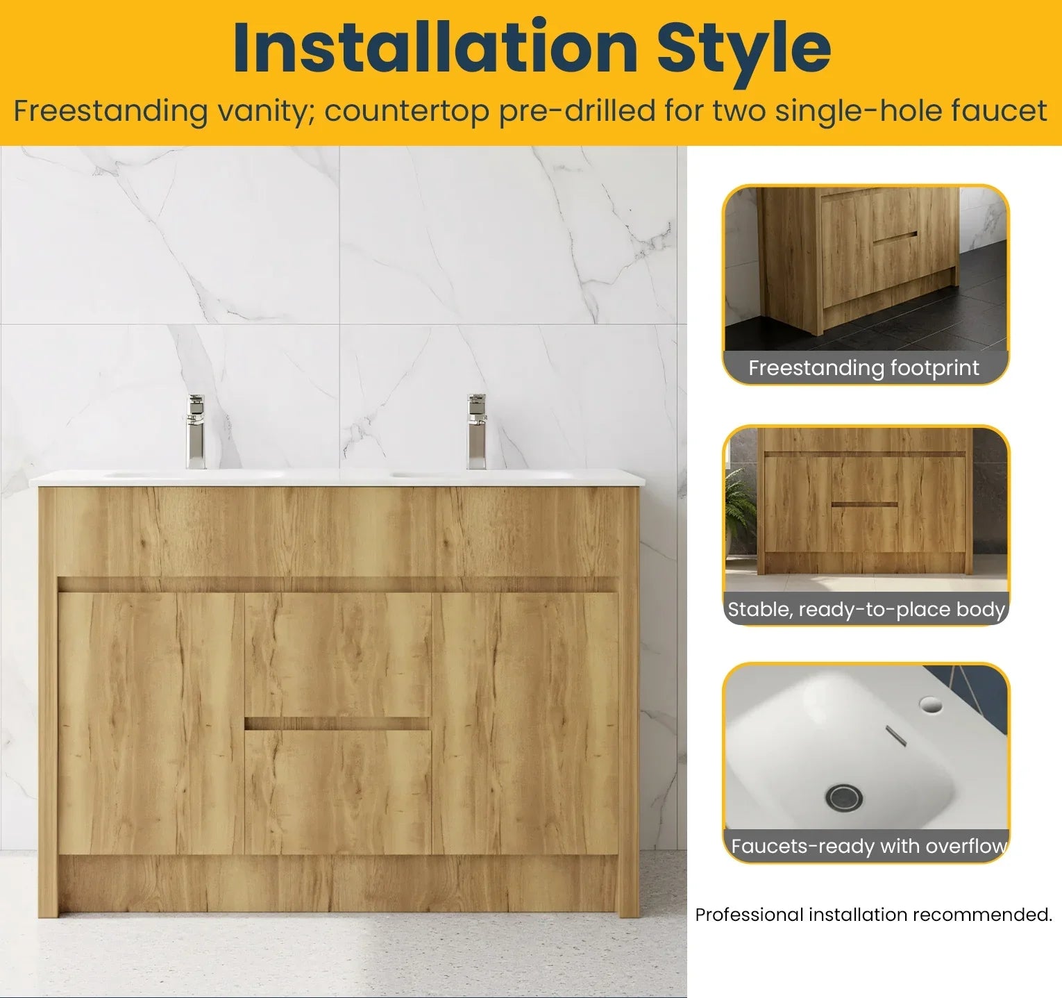 48" Frosted Oak Freestanding Double Sink Bathroom Vanity with White Ceramic Countertop