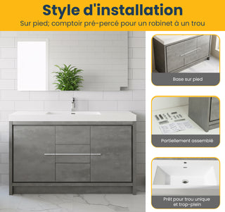 60" Cement Freestanding Single Sink Bathroom Vanity with White Polymarble Countertop