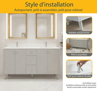 Meuble-Lavabo Autoportant 60po Gris Hampton avec Comptoir de Quartz Blanc Pur