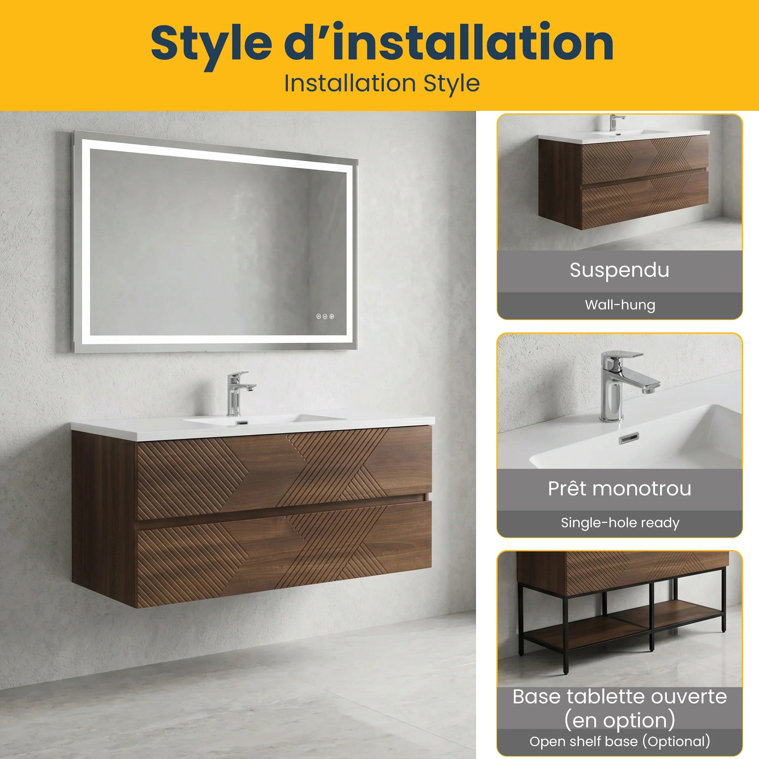 Meuble-Lavabo Mural 48po Noyer avec Comptoir de Polymarbre Blanc
