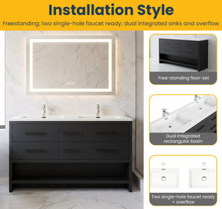 60" Black Oak Freestanding Double Sink Bathroom Vanity with White Polymarble Countertop
