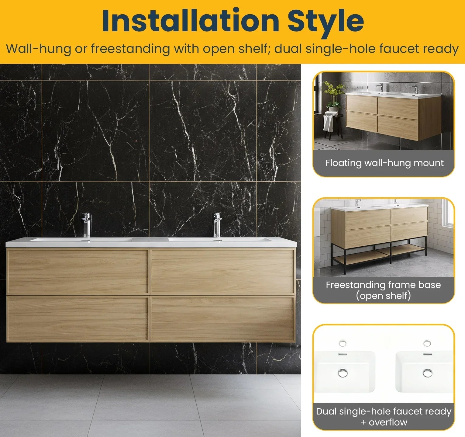 Meuble Lavabo Mural 60 pouces Noyer Couchant Double Vasque avec Comptoir Polymarbre Blanc